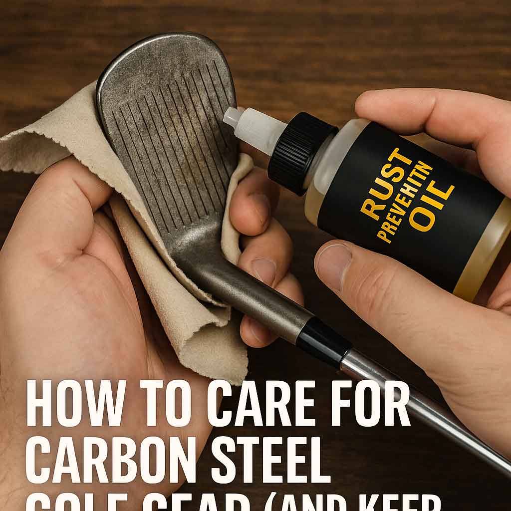 Hands applying oil to a carbon steel golf tool with a cloth - proper care routine to prevent rust and preserve finish