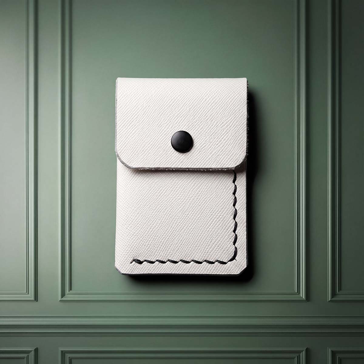 Flat lay of white leather golf divot tool and ball marker pouch with black snap closure, limited to 30 units