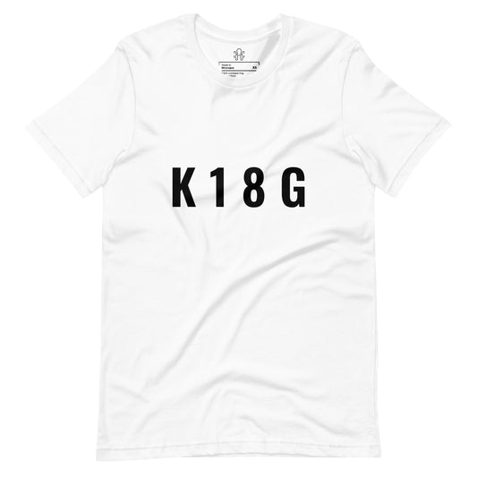 White Kraken Golf tee with bold black K 1 8 G script centered on the chest