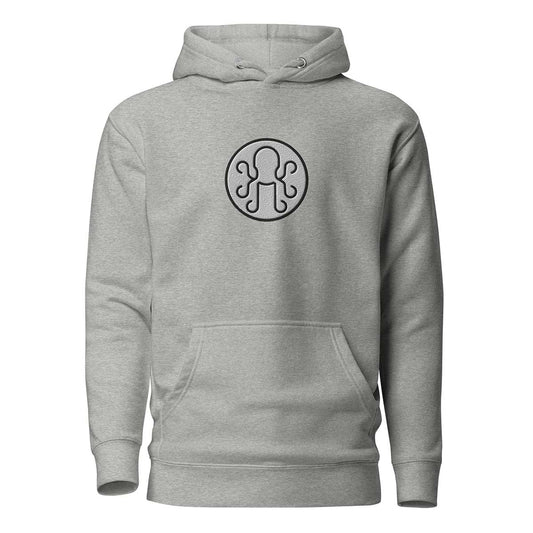 Gray Kraken Golf hoodie with embroidered white and black circle logo on front