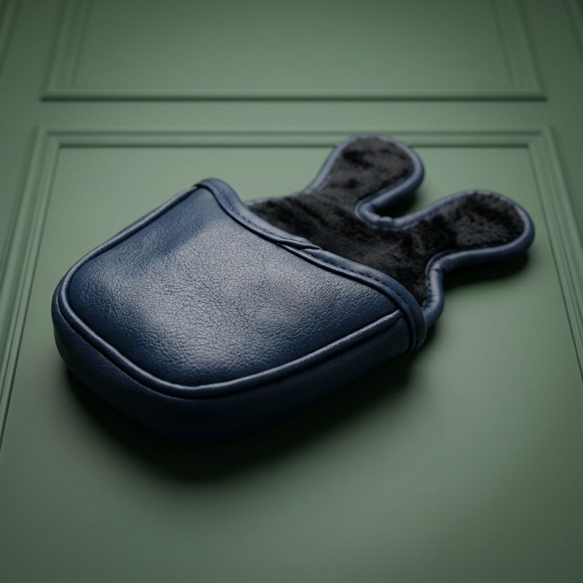 Navy mallet putter headcover open showing black plush fleece interior lining, Kraken Golf