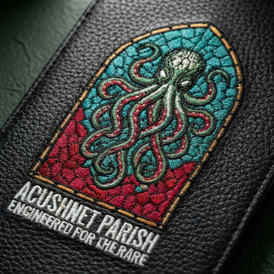 Stained-glass Kraken crest embroidery macro detail on yardage book