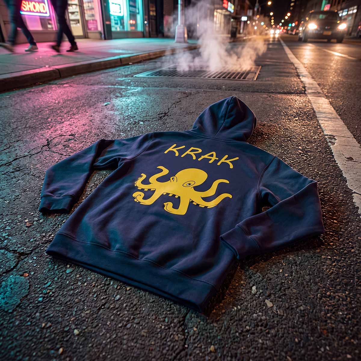 Bench Sketch Navy hoodie is laid flat on a wet city street at night, featuring a large yellow octopus graphic and the word 'KRAK' across the back. Pedestrians and streetlights are blurred in the background.