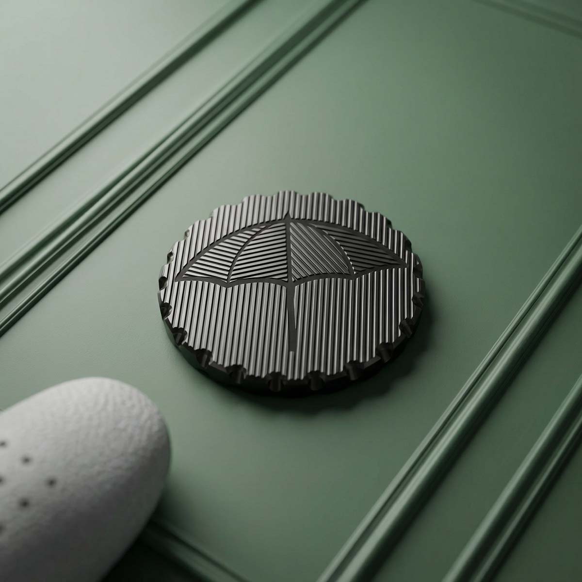 Back view showing umbrella and rain hatch engraving revealed through black nitride