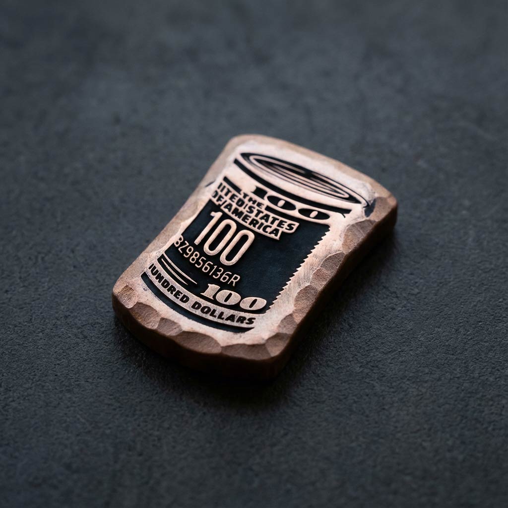 Copper golf ball marker shaped like a rolled stack