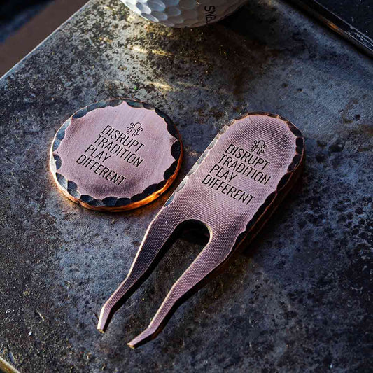 Kraken Golf Crown Me copper set showing hammered texture and deep patina highlights