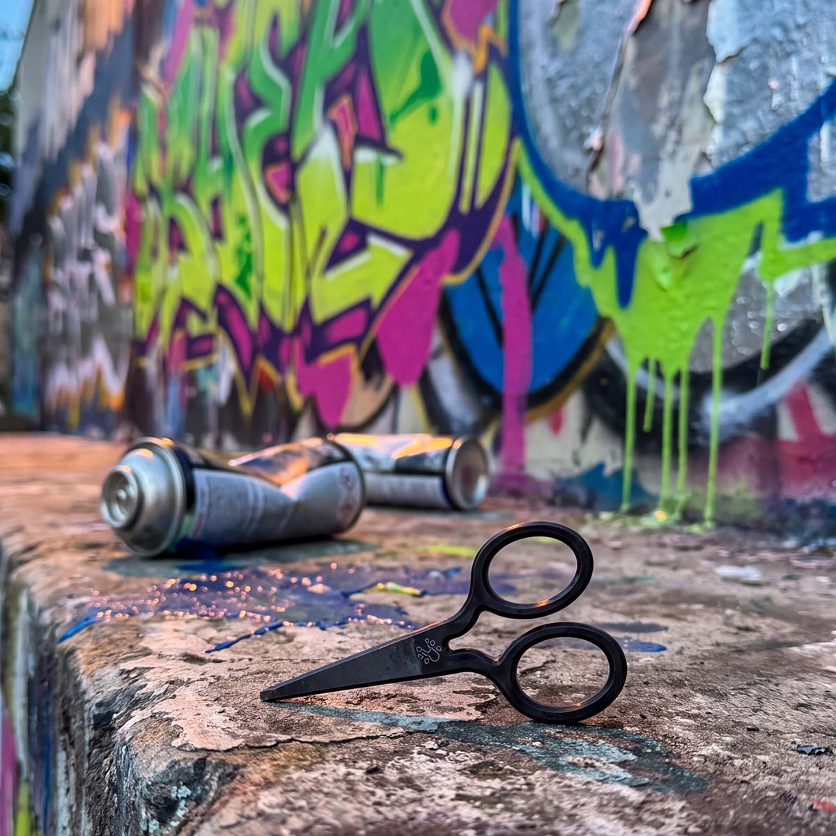 CUT LINE black oxide carbon steel scissor pitch tool on a concrete ledge in front of a colorful graffiti wall