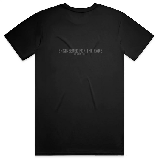 Back of black golf t-shirt reading Engineered for the Rare in graphite Oswald type
