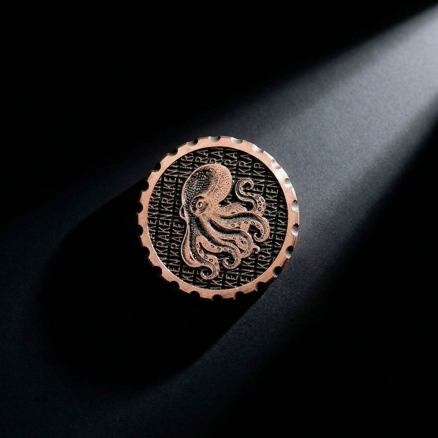 Premium copper golf marker with Oswald KRAKEN repeat engraving and black fill