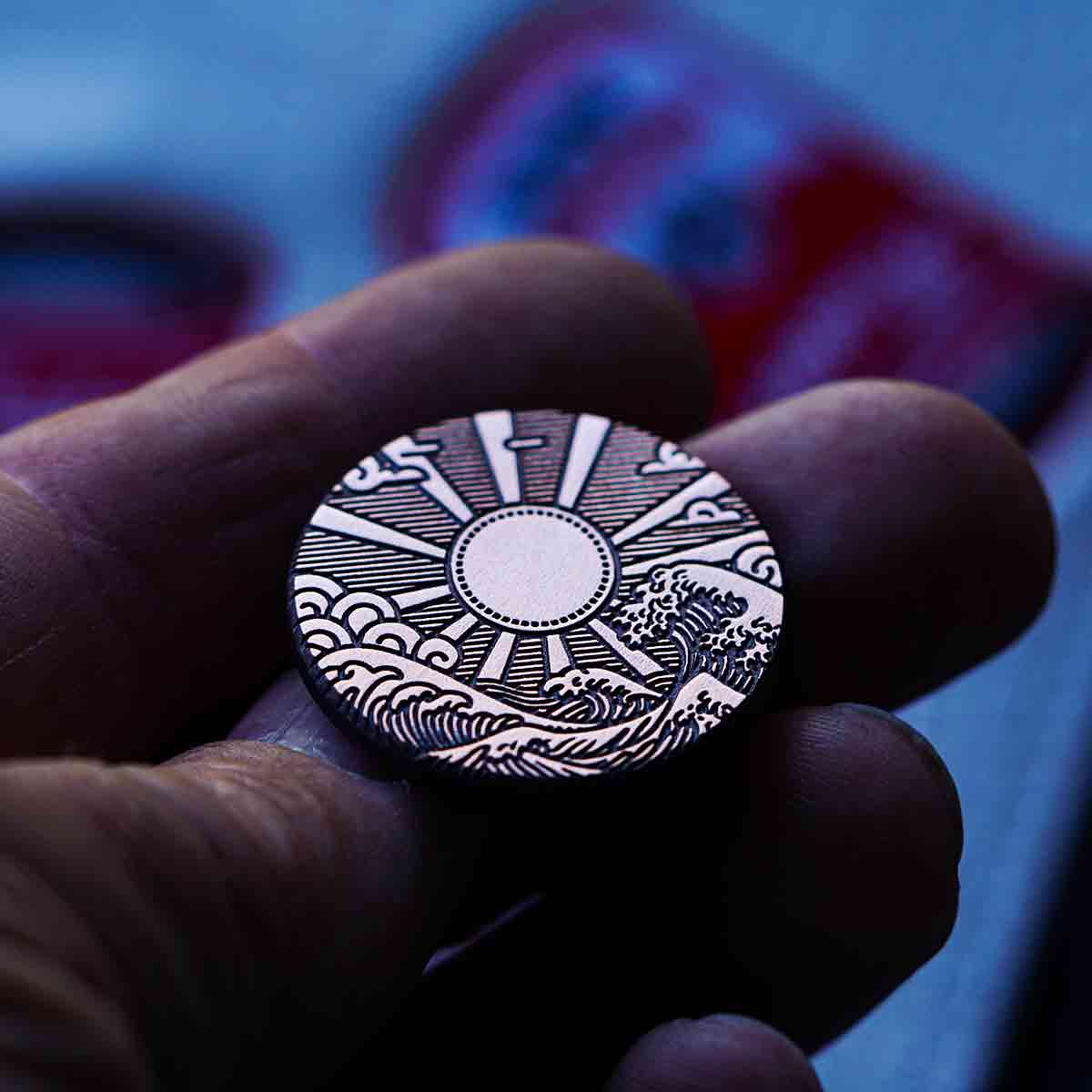 Hinode Legacy Copper Golf Ball Marker with Japanese wave and sun engraving