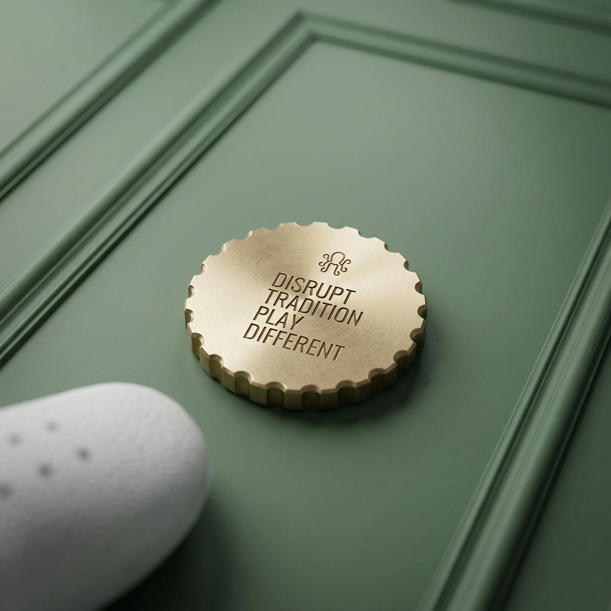 Koi 2.0 round brass golf marker with 1.35 inch diameter and detailed engraving