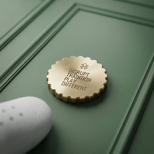 Koi 2.0 round brass golf marker with 1.35 inch diameter and detailed engraving