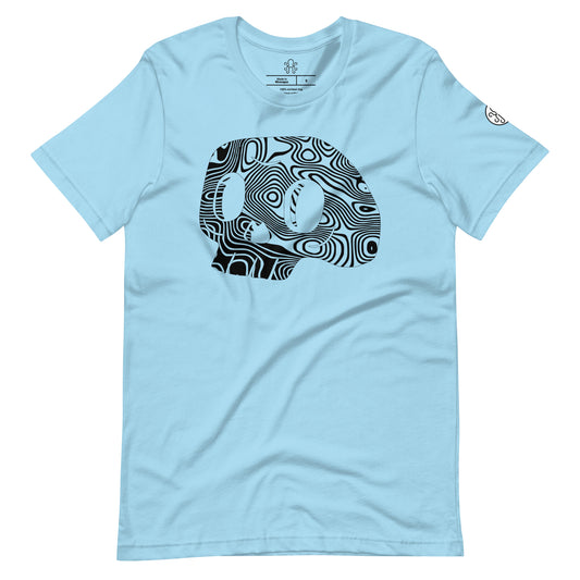 Baby blue Kraken Golf tee with black Damascus-patterned skull print