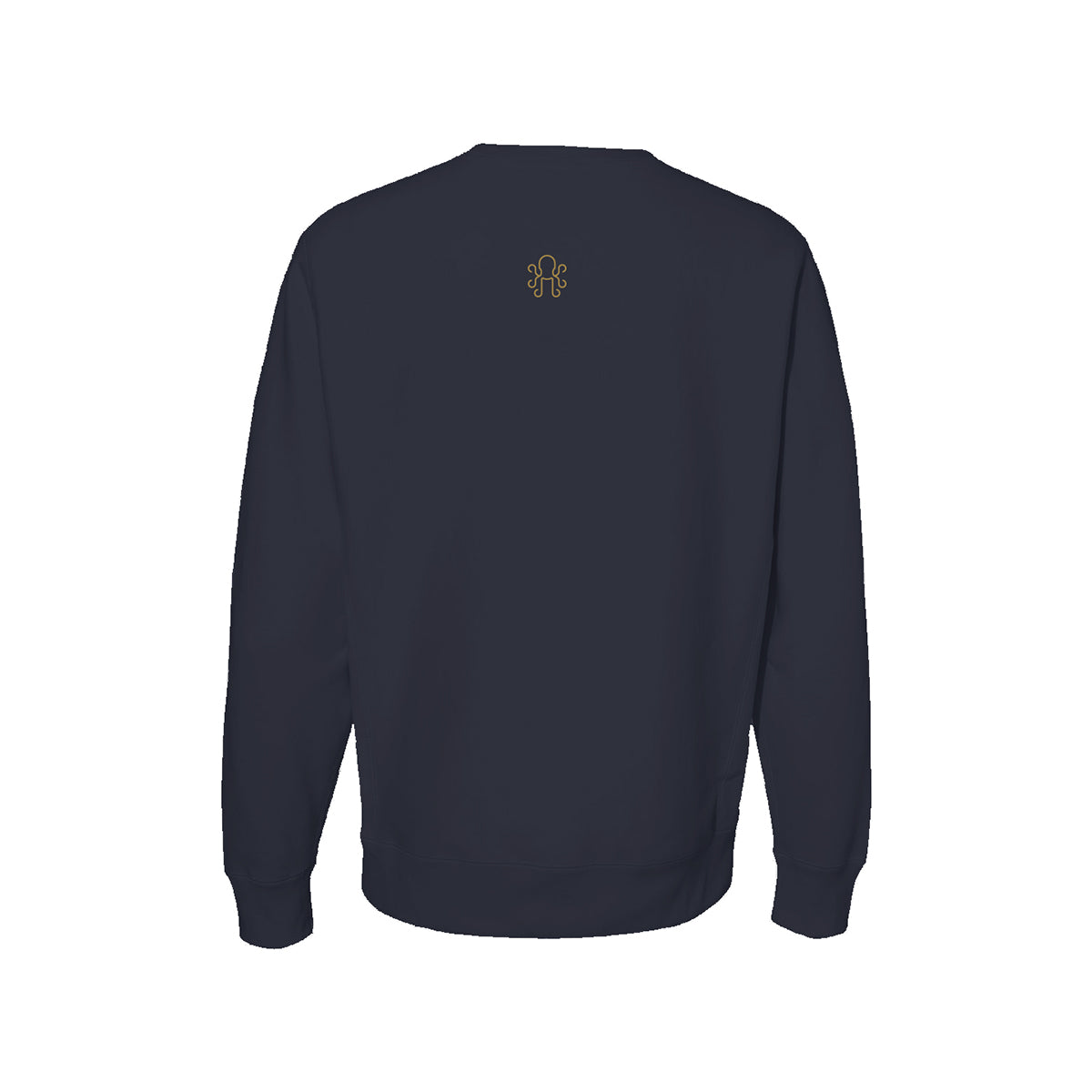 Small brass Kraken logo centered between shoulder blades on navy heavyweight crewneck