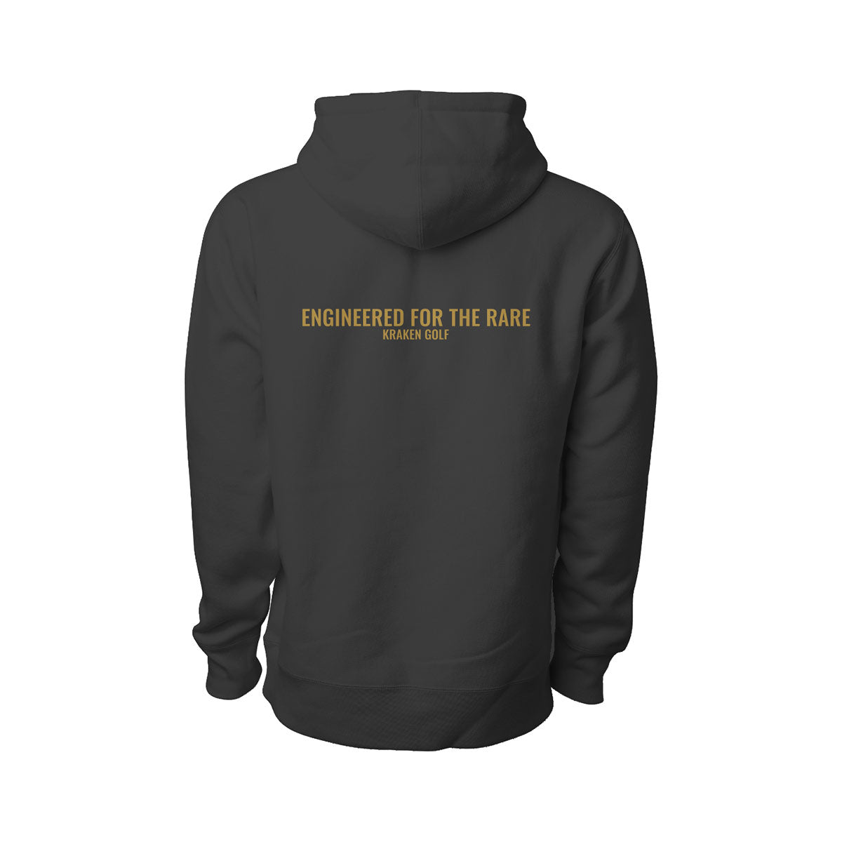 Engineered for the Rare Kraken Golf back graphic in brass lettering on black hoodie