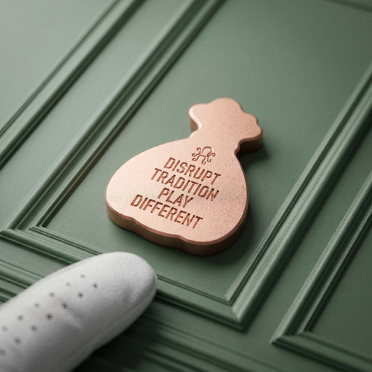 Copper golf ball marker in the shape of a money bag with Montbelle calfskin leather inlay, engraved DISRUPT TRADITION PLAY DIFFERENT — Kraken Golf