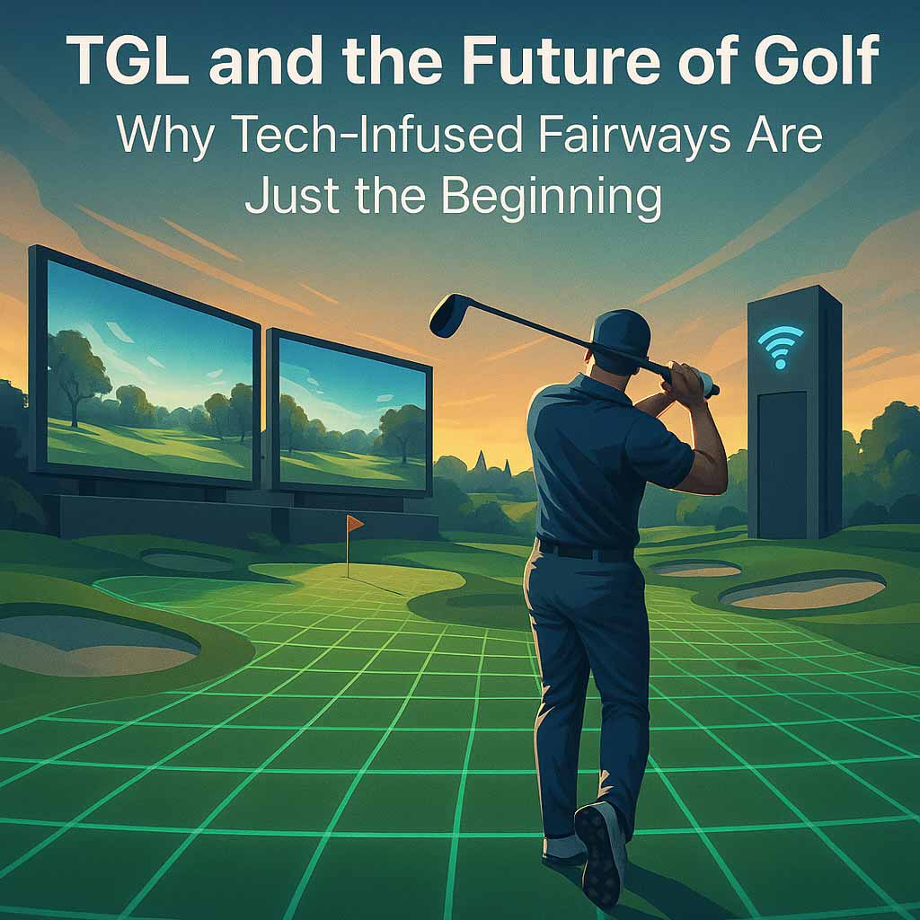 Futuristic golf course illustration highlighting tech-infused fairways, virtual overlays, and advanced analytics – inspired by TGL and the future of golf