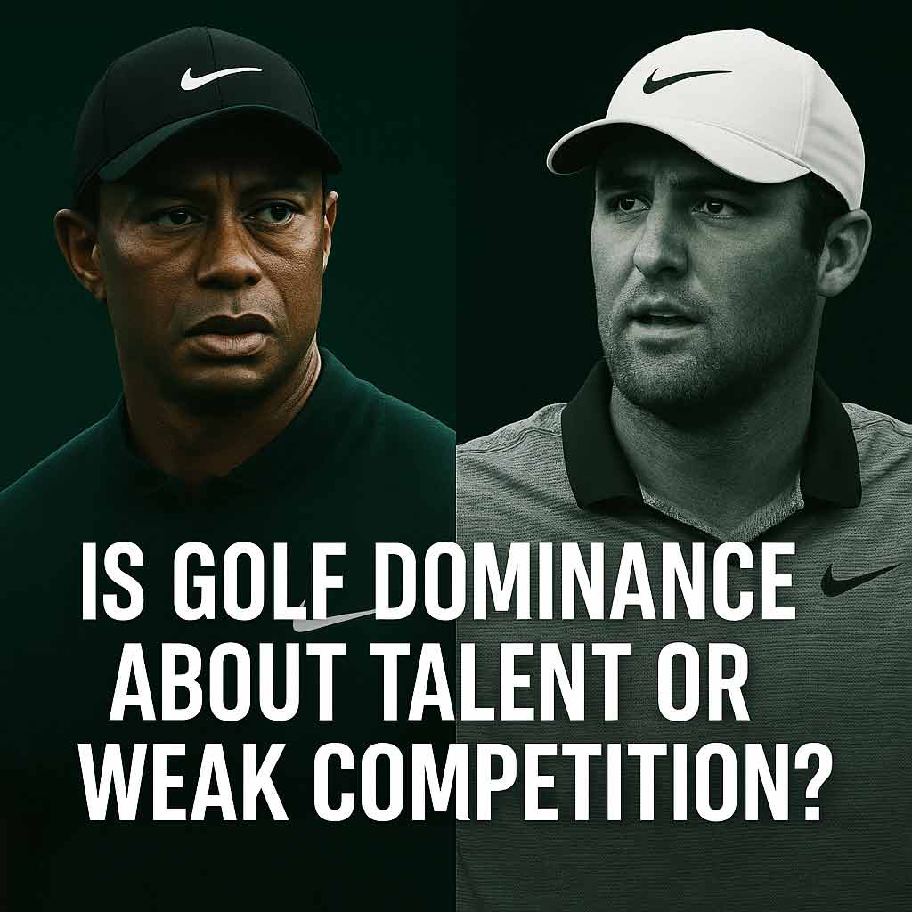 Tiger Woods and Scottie Scheffler side-by-side graphic – comparing golf’s most dominant players across eras