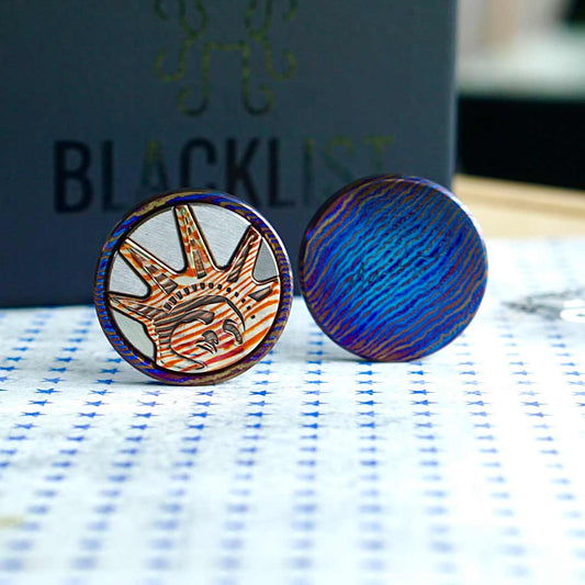 Timascus BlackList Liberty Ball Marker with Mokume and stainless steel Statue of Liberty inlays - limited edition Kraken Golf July 4th collector's piece