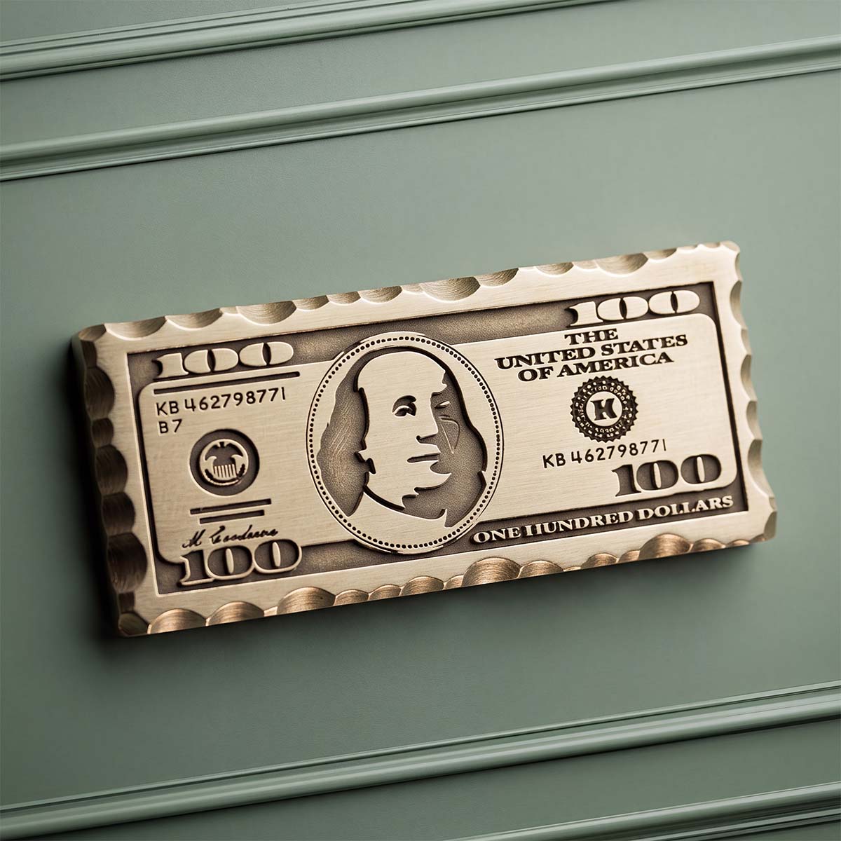 Solid brass golf ball marker shaped like a hundred-dollar bill with Benjamin Franklin center-cut, scalloped milled edge, and a Kraken K reworked into the seal.
