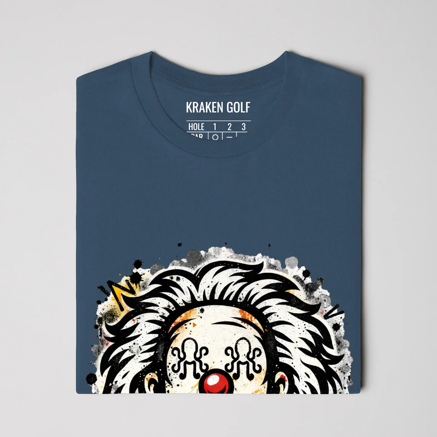 Close-up of front graffiti character print on navy tee
