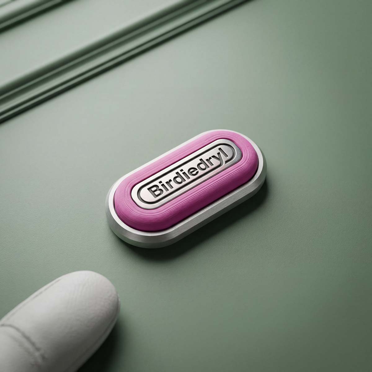 Birdiedryl golf ball marker front — brushed 303 stainless steel with raised pink pill inlay and stainless Birdiedryl nameplate, on sage green