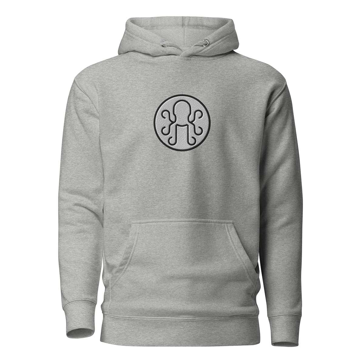 Gray Kraken Golf hoodie with embroidered white and black circle logo on front