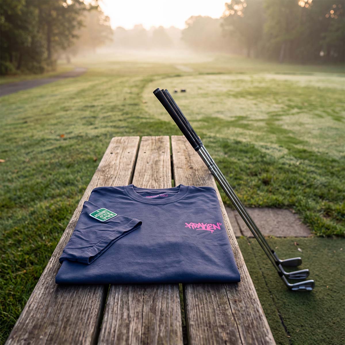 A navy blue folded t-shirt with pink and green graphics lies on a wooden picnic table at a golf course, with golf clubs resting nearby and a misty grassy field in the background.