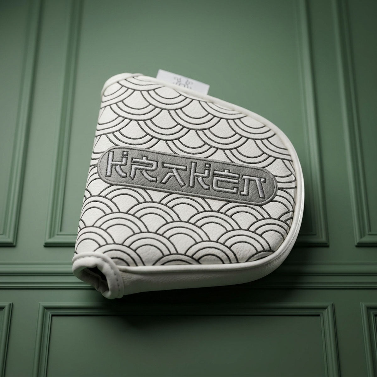 Front view of white mallet putter headcover with black embroidered Seigaiha Japanese wave pattern on flap