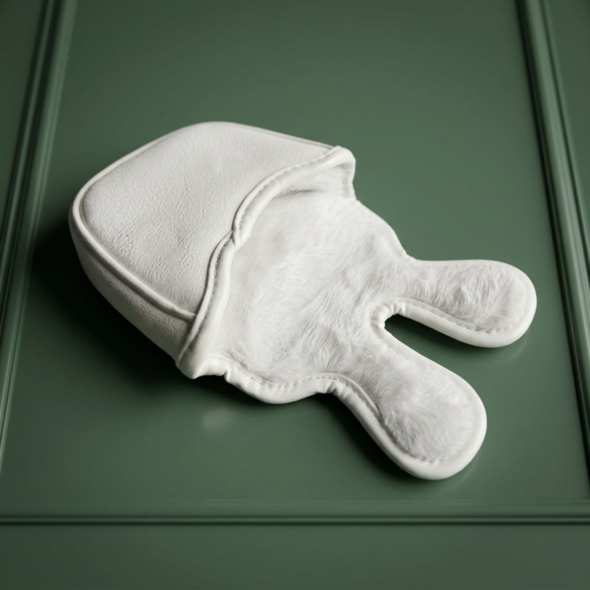 Ghost white mallet putter headcover open showing plush white fleece interior lining, Kraken Golf