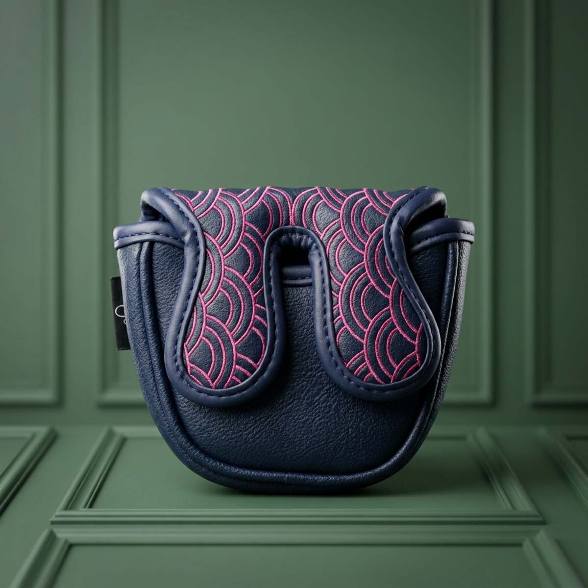 Navy and hot pink Seigaiha mallet putter headcover with silver KRAKEN wordmark badge and woven tab, Kraken Golf