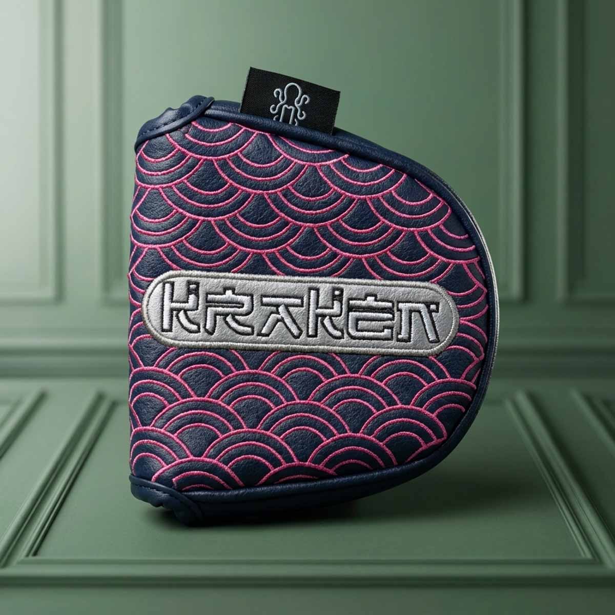 Front view of navy mallet putter headcover with hot pink embroidered Seigaiha Japanese wave pattern on flap