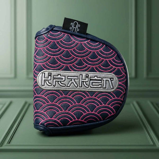 Front view of navy mallet putter headcover with hot pink embroidered Seigaiha Japanese wave pattern on flap