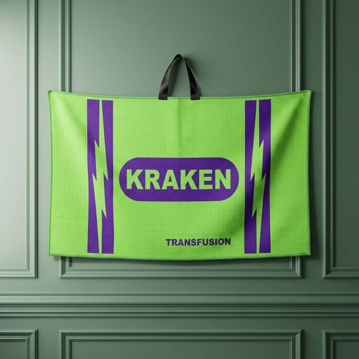 Transfusion waffle microfiber golf towel in neon green and purple by Kraken Golf