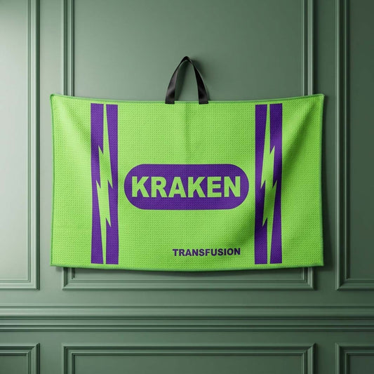 Transfusion waffle microfiber golf towel in neon green and purple by Kraken Golf