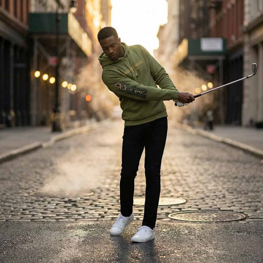 Golfer Jameel in the Acushnet Parish hoodie and black pants taking a selfie on a city street at sunset.