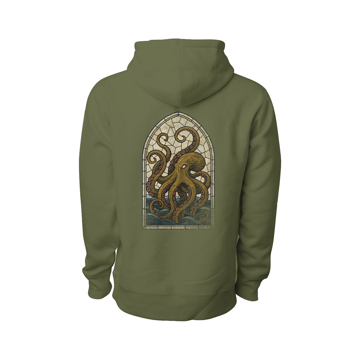 Back of the Acushnet Parish Hoodie featuring a large stained-glass Kraken rising from the sea in distressed cathedral style.