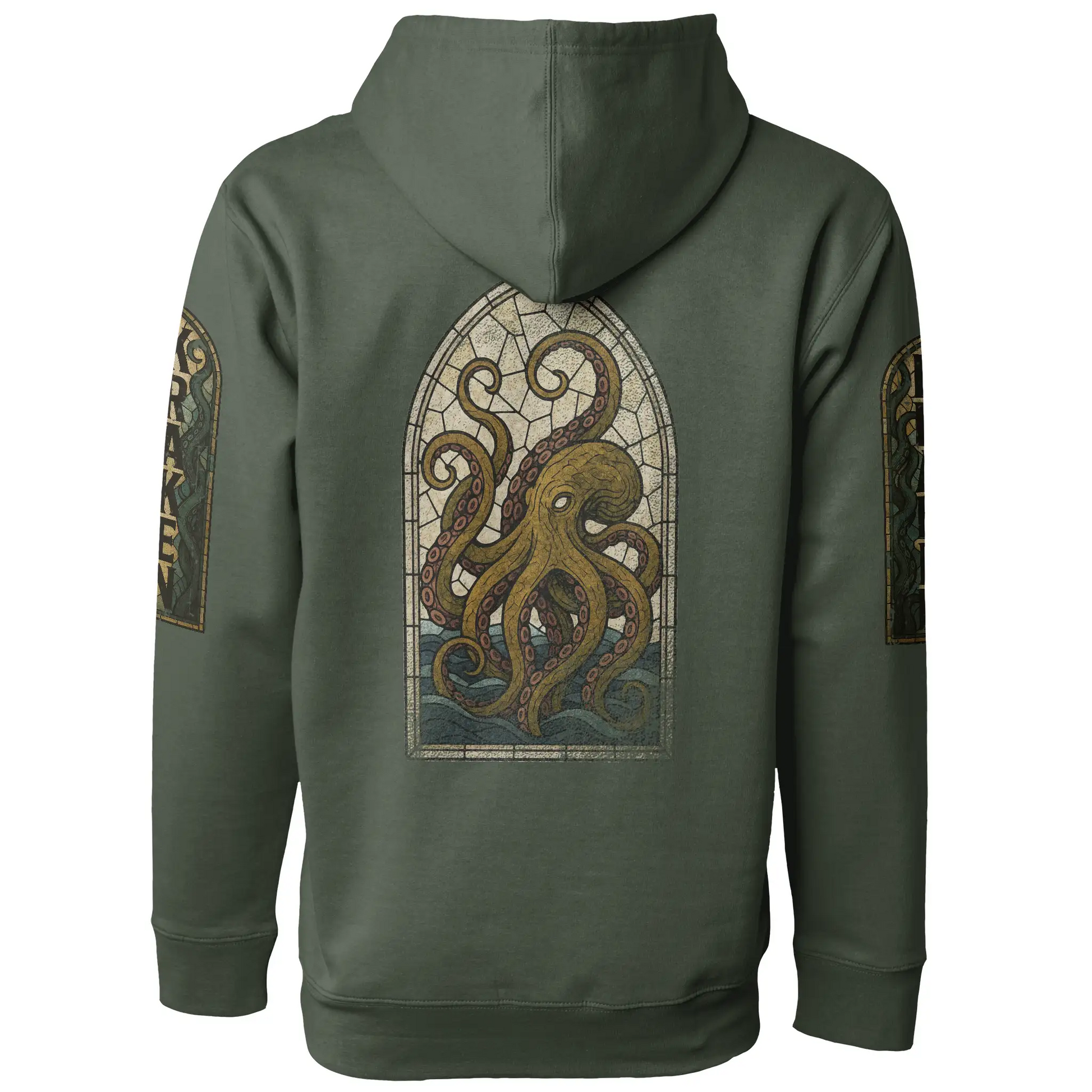 Kraken Golf Acushnet Parish Hoodie with a stained glass-style octopus design on the back, on a white background.