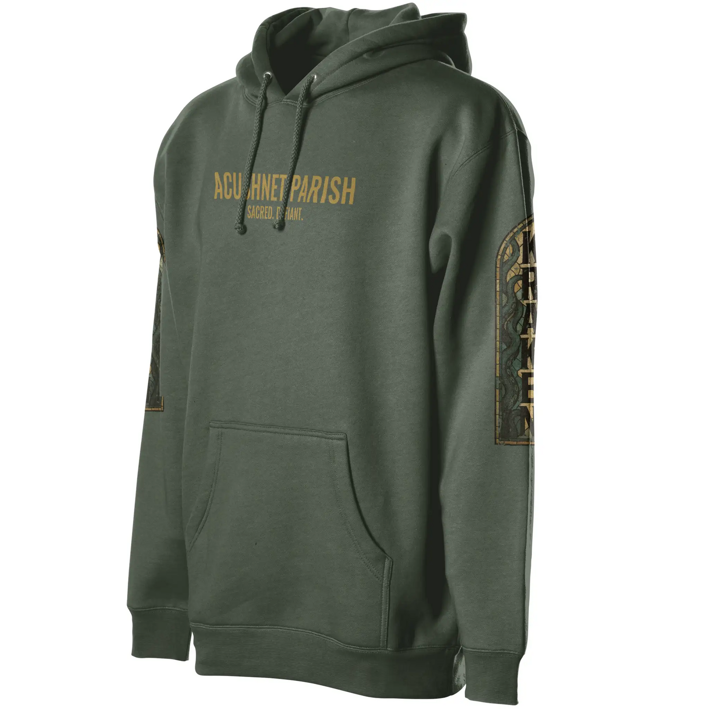 Green Kraken Golf hoodie with stained glass graphic on the sleeve and Acushnet Parish across the chest
