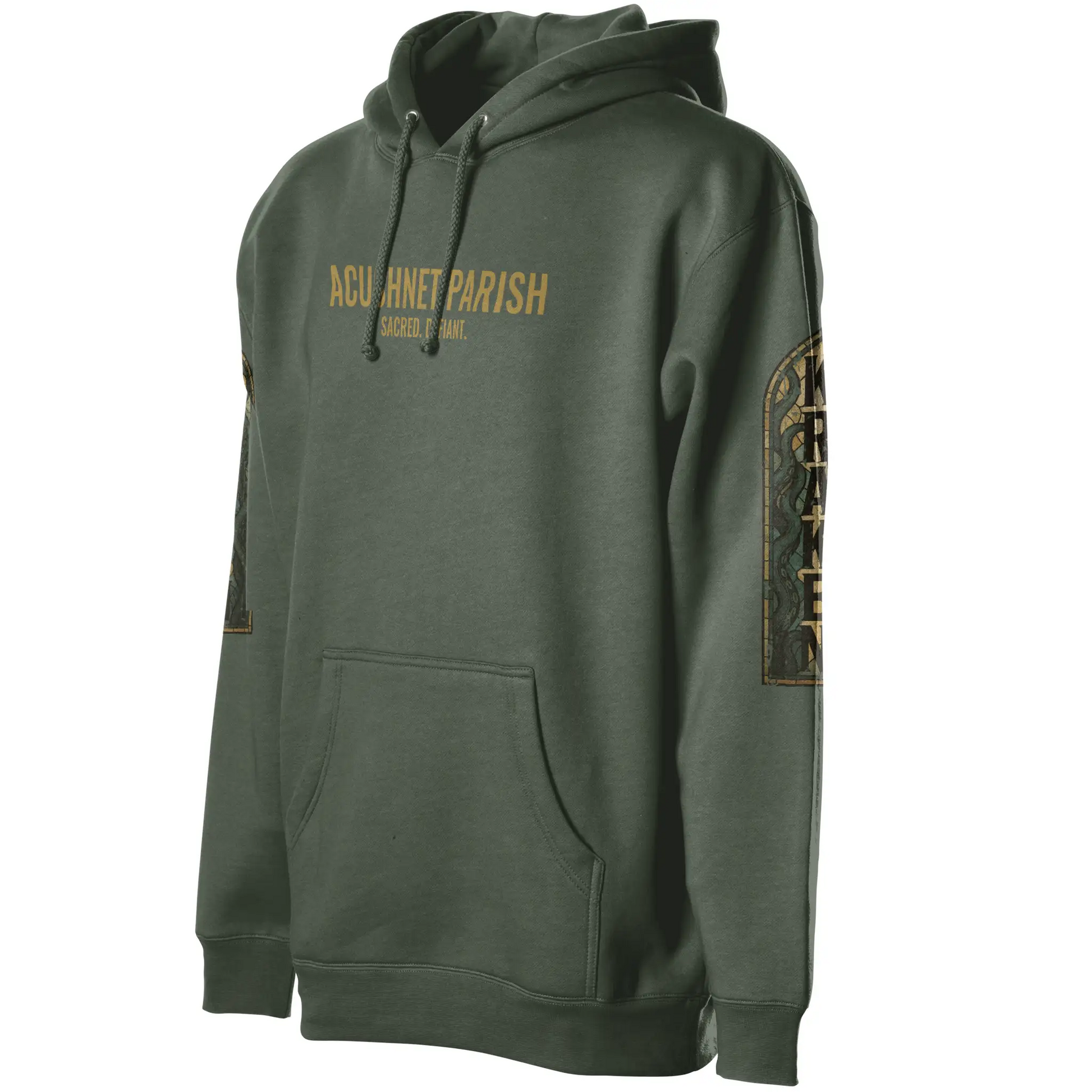 Green Kraken Golf hoodie with stained glass graphic on the sleeve and Acushnet Parish across the chest