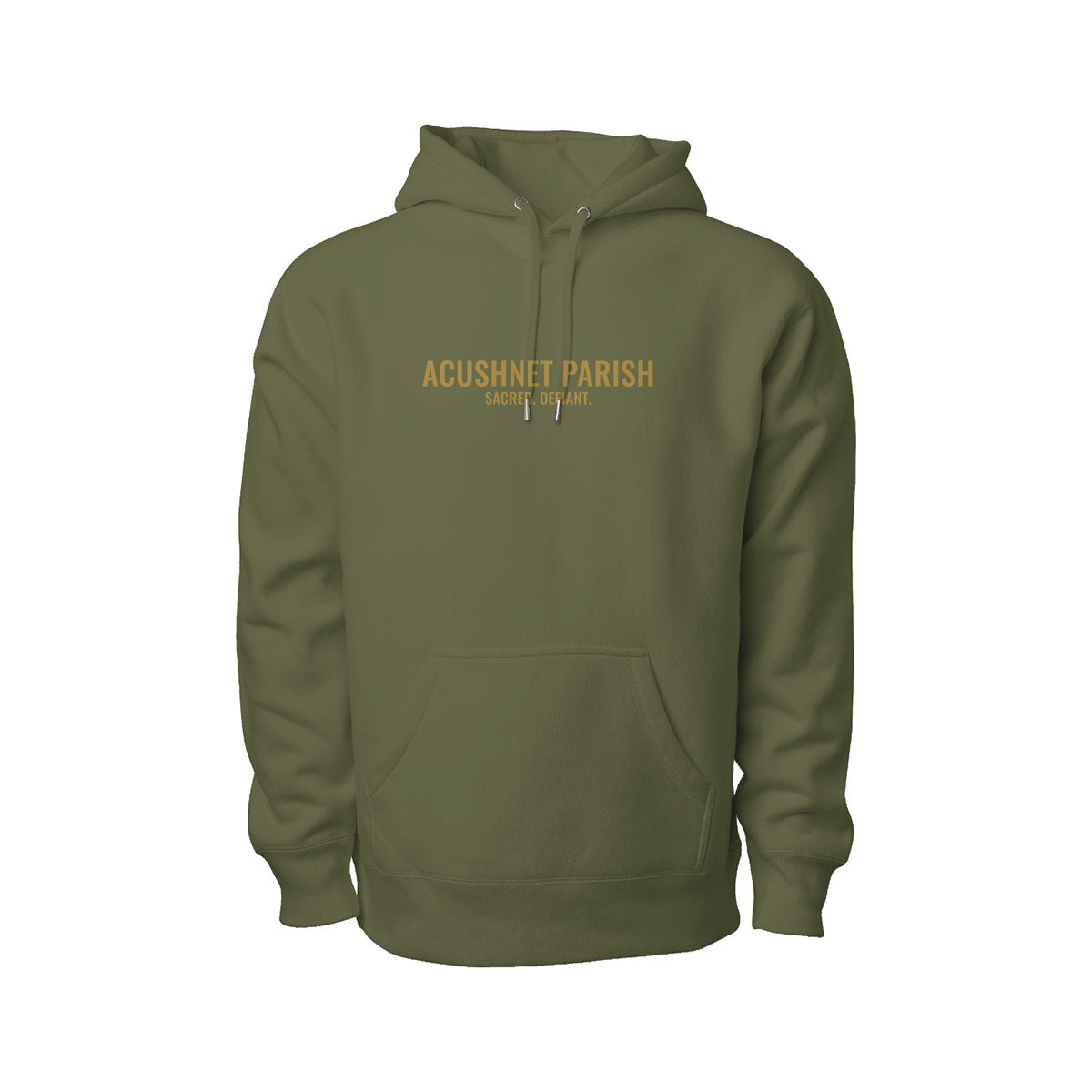 Front view of the Acushnet Parish Hoodie in olive with “ACUSHNET PARISH” and “SACRED. DEFIANT.” printed in brass Oswald font across the chest.