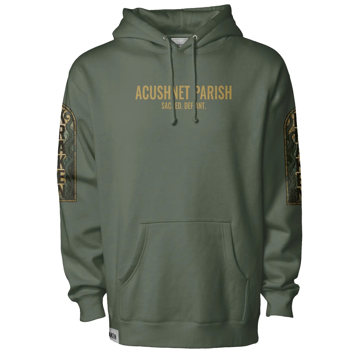 Kraken Acushnet Parish hoodie with Acushnet parish text across the front against a white background