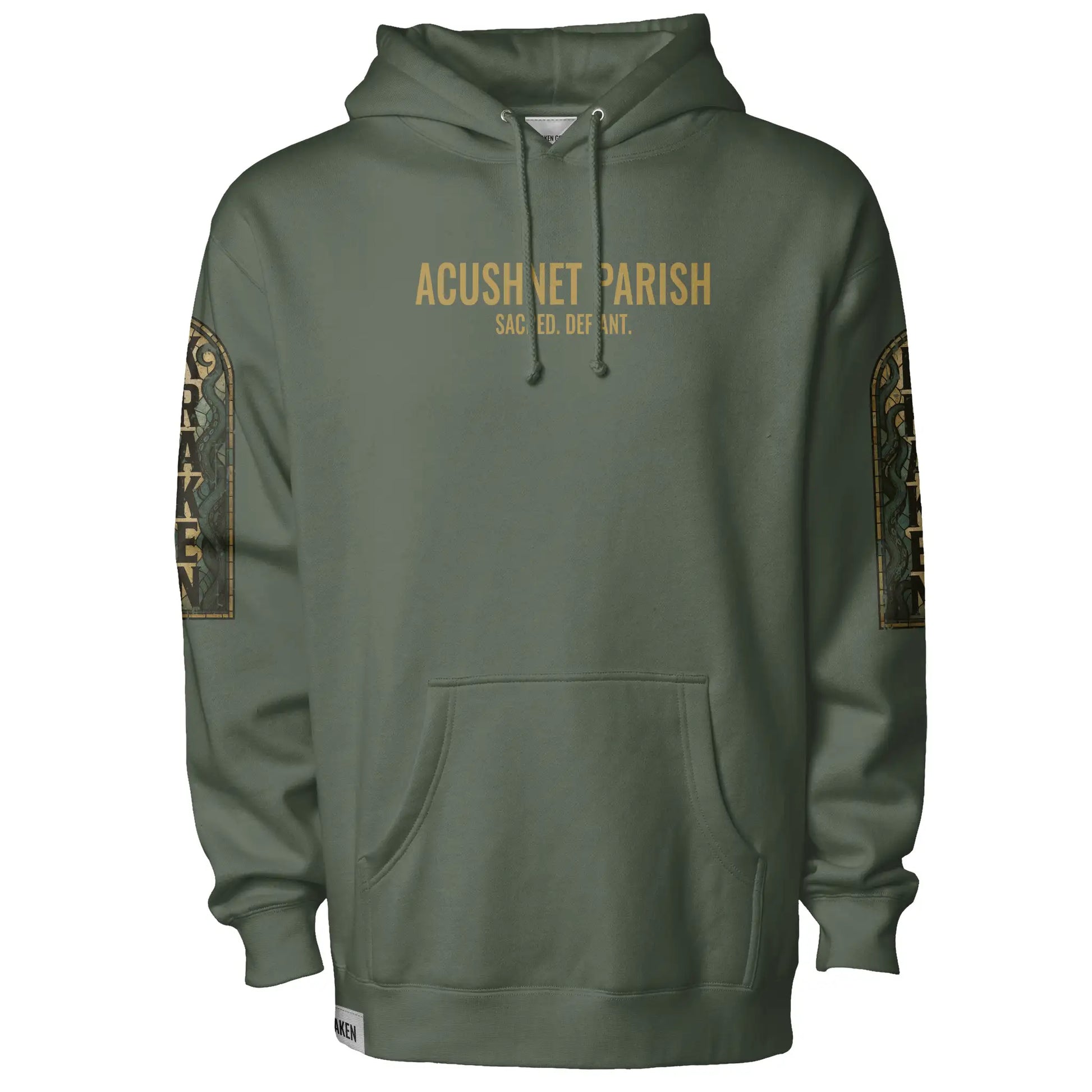 Kraken Acushnet Parish hoodie with Acushnet parish text across the front against a white background