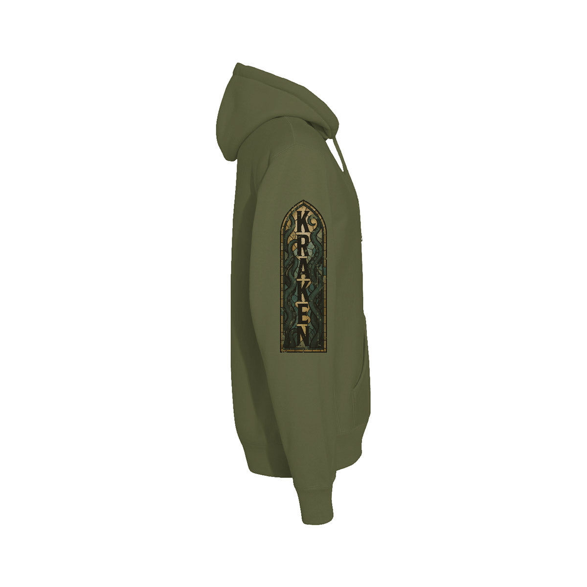 Close-up of sleeve showing narrow distressed stained-glass window with vertical "KRAKEN" lettering.