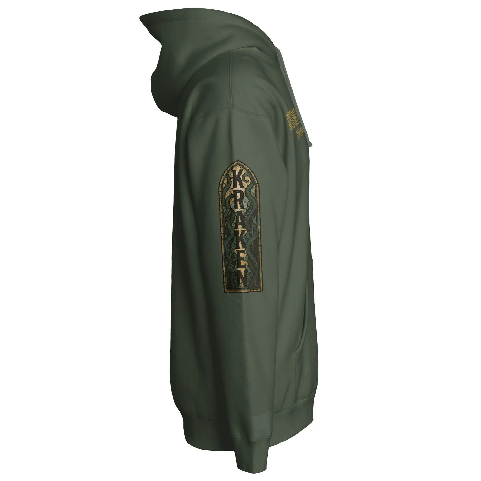 Green Kraken Golf hoodie with stained glass graphic on the sleeve