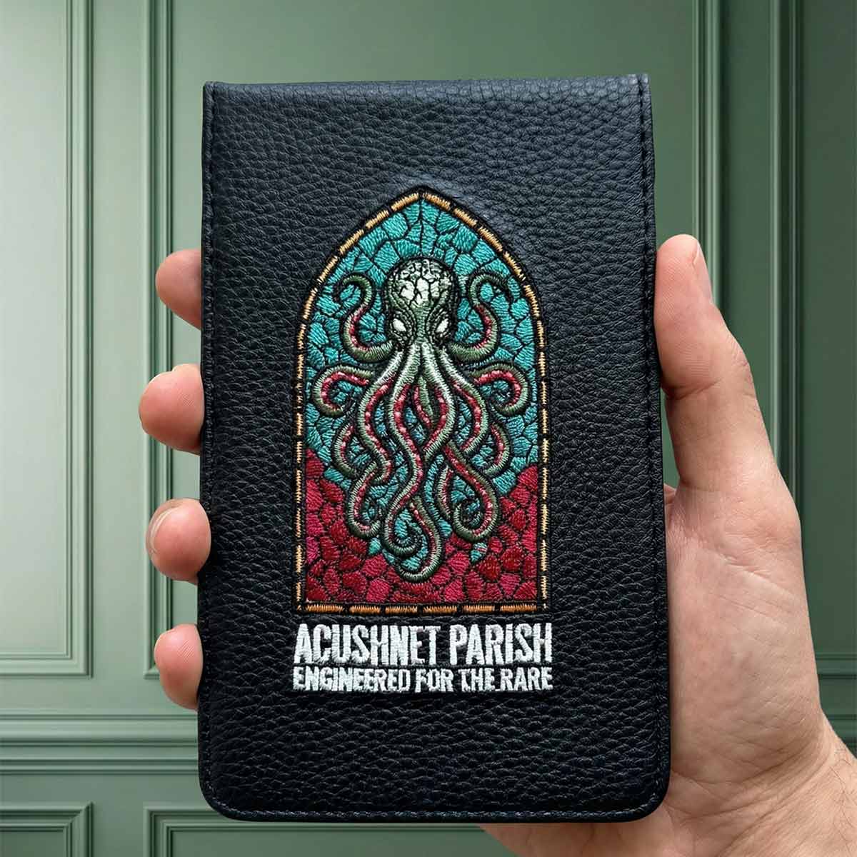 Acushnet Parish Yardage Book closed front with stained-glass Kraken embroidery