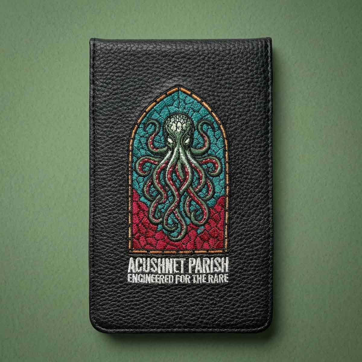 Black pebble-grain leather exterior Acushnet Parish Yardage Book close-up