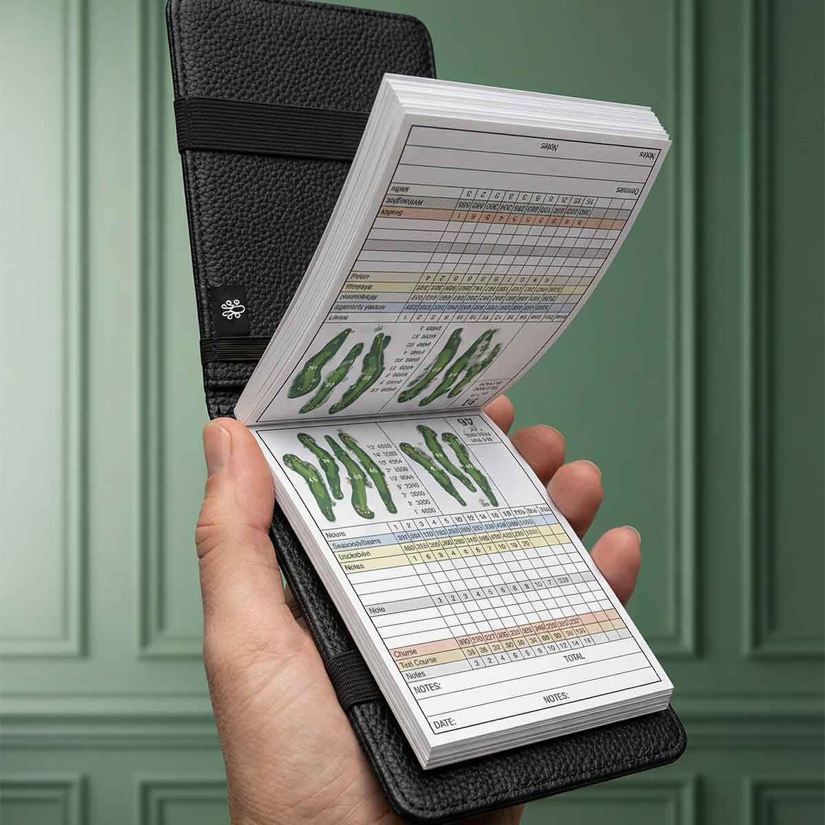 Bottom-flip notepad opening Acushnet Parish Yardage Book open pages