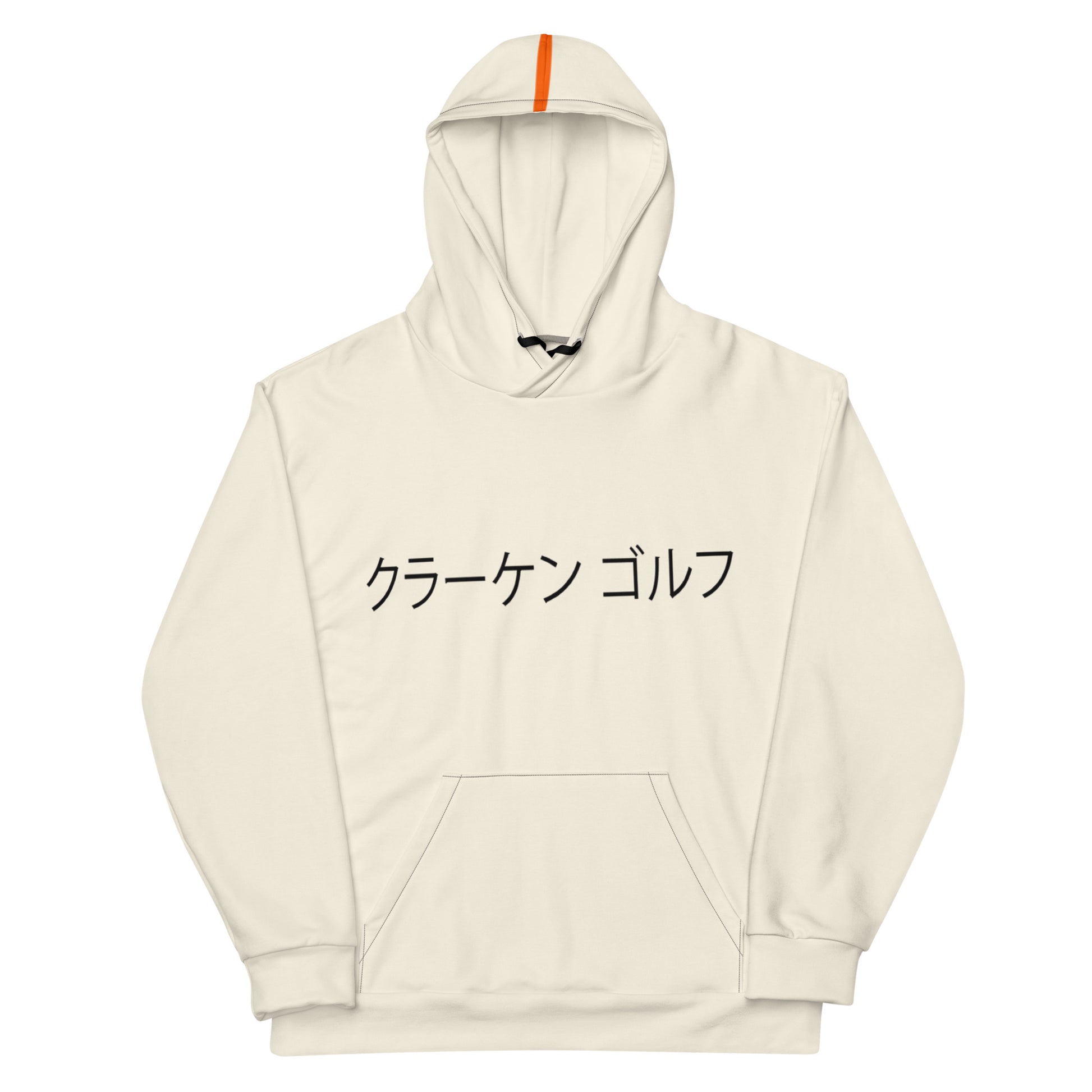 Almond-colored Kraken hoodie with Japanese script across the chest and subtle logo on back