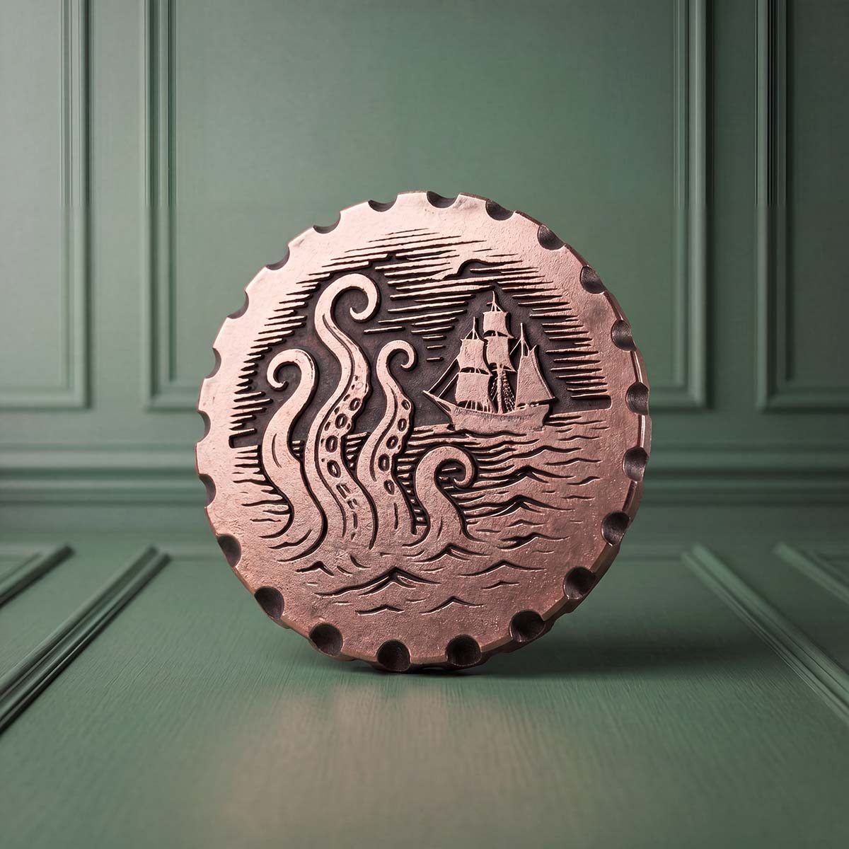The Awakening copper golf ball marker — front engraved with kraken tentacles